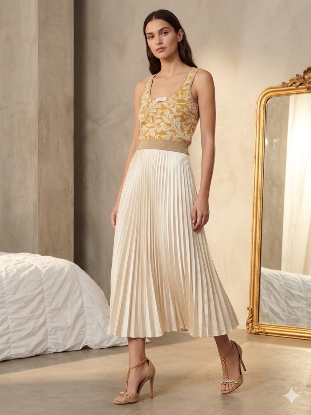 Sandro Paris Mustard & Cream Patterned Knit Tank with Shimmer Trim